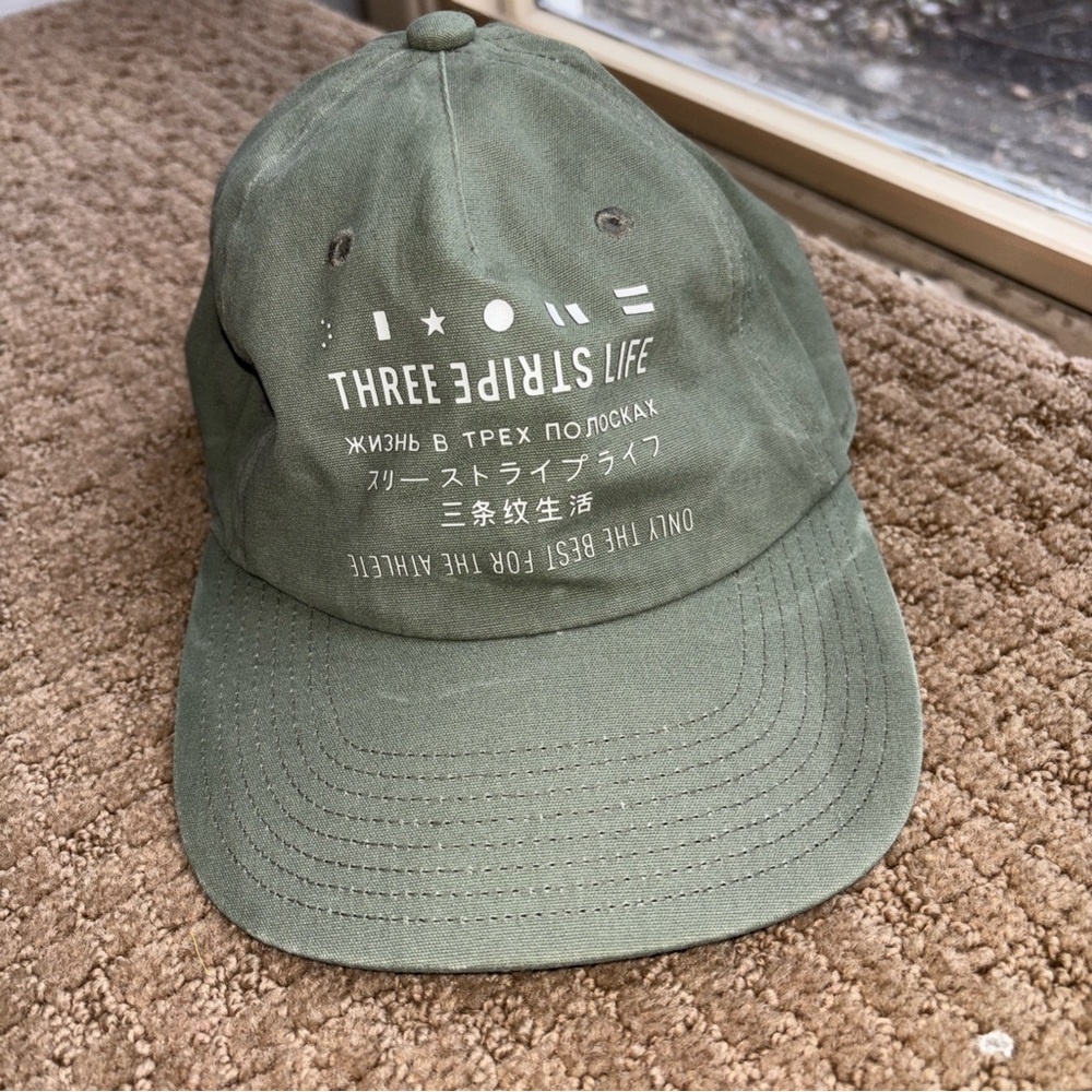 Three Stripe Life Olive Green adidas adjustable hat cap upside down